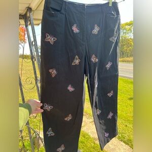 Talbots Cropped Pants Woman Size Size 12 Black Embroidered Butterflies Stretch